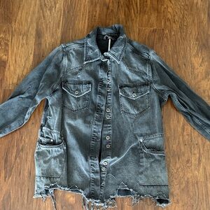 Free People Black Wash Distressed Denim Jacket